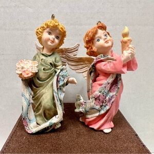 2 Vintage Resin Angel Girl Christmas Ornaments Holiday Cherub Flowers Candle